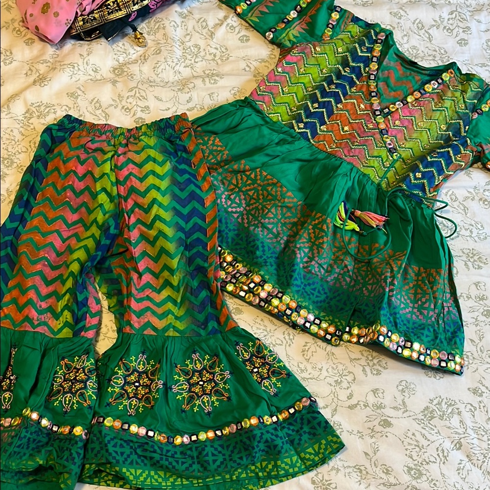 Vibrant Green and Multicolor Traditional Outfit